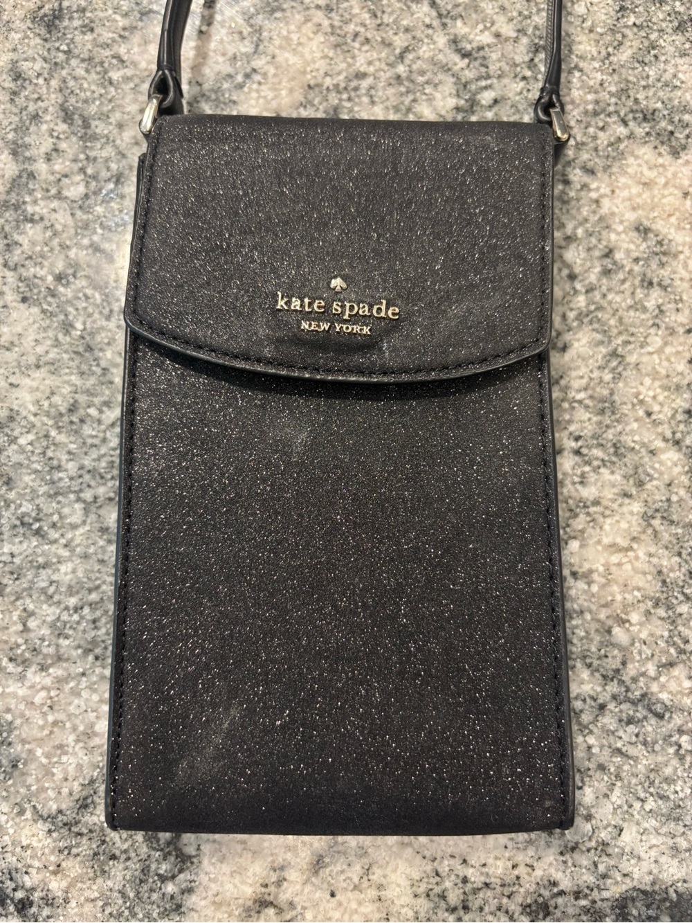 kate spade Black Glitter Crossbody Phone Pouch with Gold Logo